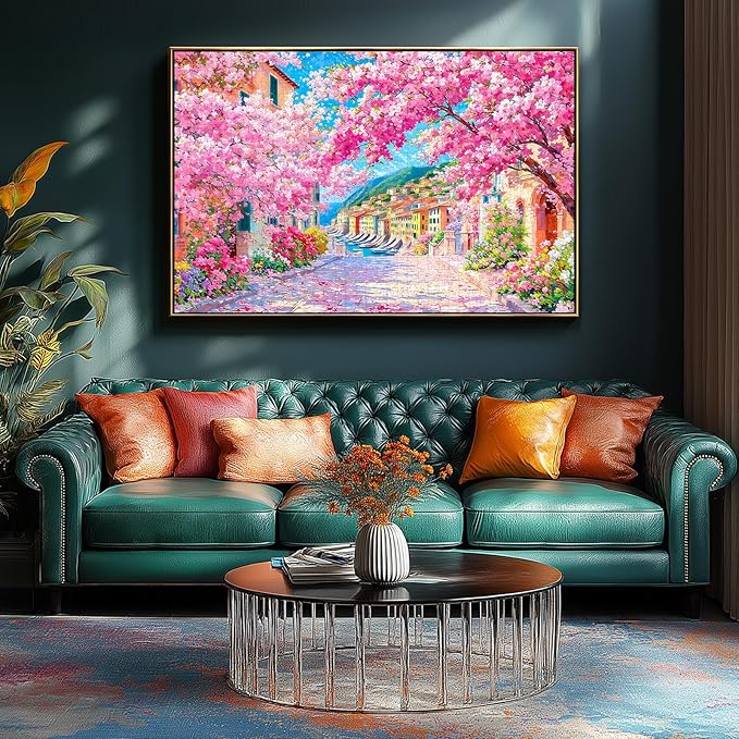 Cinque Terre Cherry Blossom Street 1000 Piece Puzzle for Adults, Fun Spring Puzzles for Adults 1000 Pieces with HD Print & Poster, 27.5 X 19.7 Dust Free, for Gifts Halloween Christmas Family Games