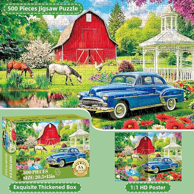 Puzzles for Adults 500 Pieces,Farm Horse Puzzle for Adult,Flowers Rooster Barn Truck Themed Jigsaw Puzzle,Country Life Puzzle for Seniors,Puzzles for Family Game Nights, 20.5x15 in
