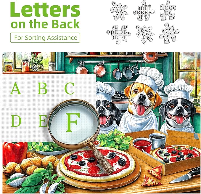 Puzzles for Adults 500 Pieces, Funny Puppy Animal Jigsaw Puzzles Pizza Theme Food Kitchen with Letters on Back for Family Decoration, Gifts, Party Game, Finished Size 23" x 15"