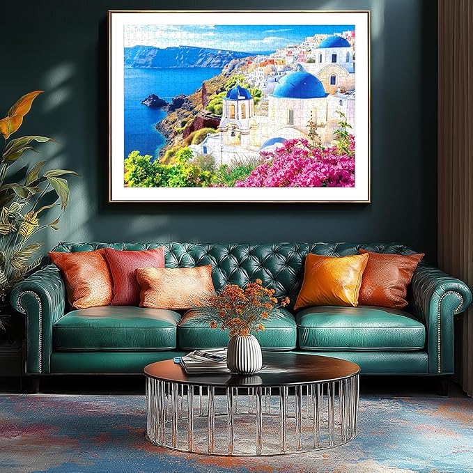MINIWAN 500 Piece Puzzles for Adults - Santorini Greece Blue Dome Church Jigsaw Puzzle, 23x15 Inches with Unique Irregular Shaped Pieces for Relaxation & Home Wall Decor