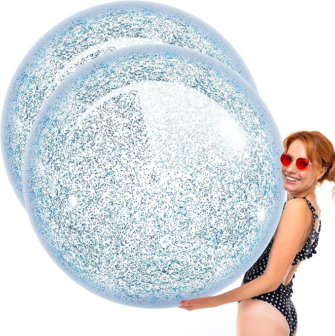 Junkin 2 Pcs 48'' Giant Sequins Beach Ball Inflatable Glitter Confetti Clear Large Jumbo Balls Toys for Outdoor Summer Swimming Pool Party Favors(Blue)