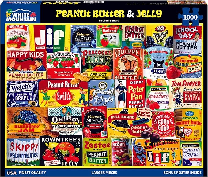 White Mountain 1000 Piece Jigsaw Puzzle Vintage Food Labels Puzzles with Large Pieces Gift for Adults and Family 24"x30" - Peanut Bitter & Jelly