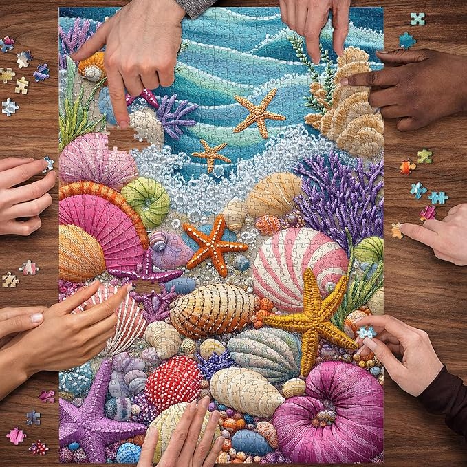 PICKFORU Beach Puzzles for Adults 1000 Pieces, Colorful Seashells Puzzle Sea Coral Starfish，Impossible Ocean Jigsaw Puzzles as Home Art