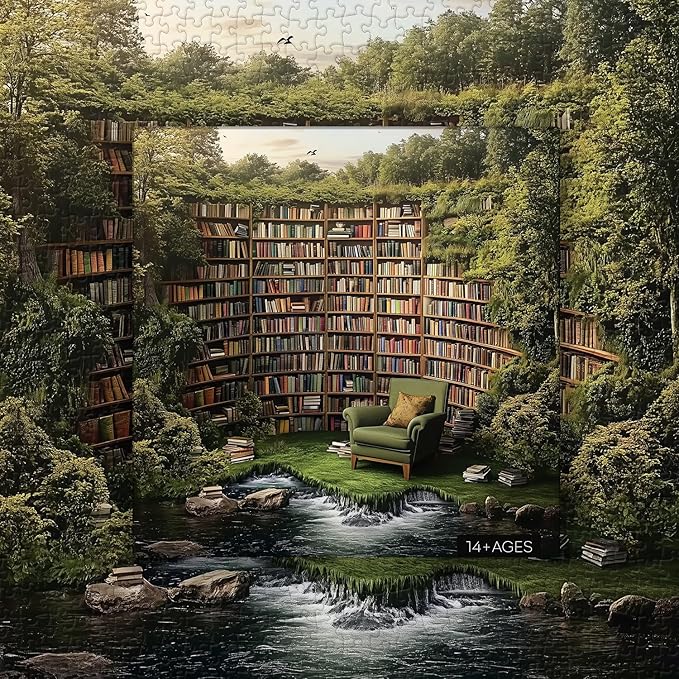 PICKFORU Natural Library Puzzles for Adults 1000 Pieces, Vintage Forest Bookshelf Jigsaw Puzzles, Challenging Landscape Puzzle for Book Lover