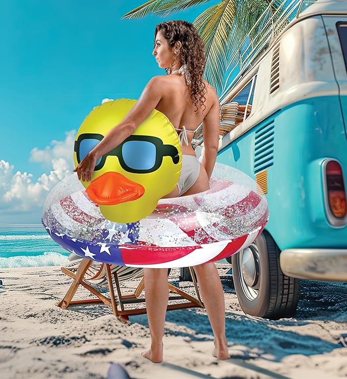POZA Inflatable USA Pool Float - Luxurious Fun Lounger Filled with Sparkle Silver Stars Confetti, Cool USA Flag Design Water Swimming Pool Floaties for Beach, Lake & Pool