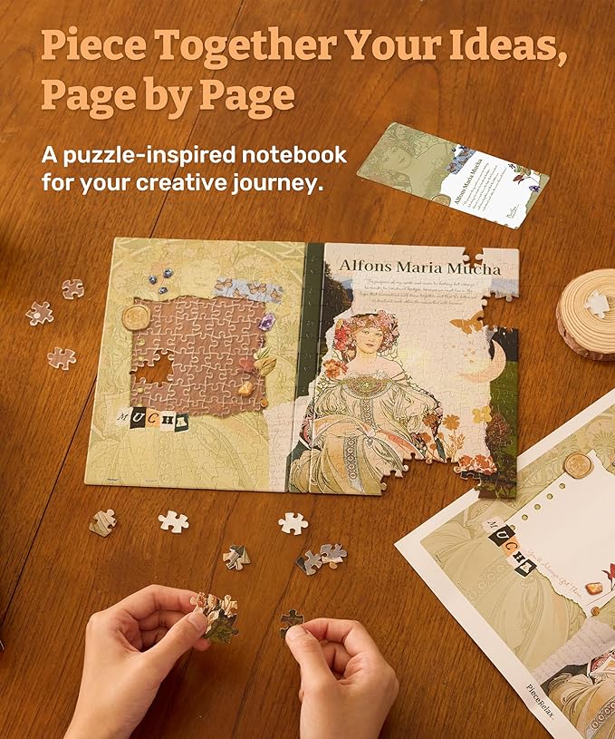 PieceRelax A5 3D Puzzle Journal for Adults, 300 Piece Plastic Jigsaw Book Cover (Includes Notebook) - Alphonse Mucha - Reverie Diary, Unique Gift [YA1057]
