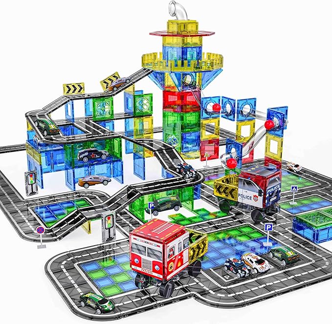 150PCS Magnetic Tiles Road Set with Marble Run, Preschool Magnet Tiles Included Magnetic Cars. STEM Magnetic Tiles for Kids, Preschool Educational Building Toys for Boys & Girls