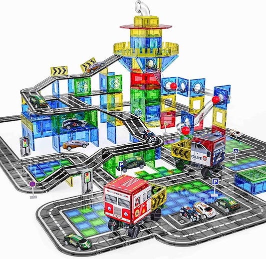 150PCS Magnetic Tiles Road Set with Marble Run, Preschool Magnet Tiles Included Magnetic Cars. STEM Magnetic Tiles for Kids, Preschool Educational Building Toys for Boys & Girls