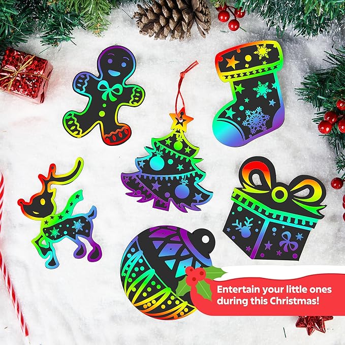 JOYIN 72 Pcs Christmas Scratch Art Ornaments, Rainbow Color Scratch Paper Craft Kit Include Snowman, Christmas Tree, and Reindeer, Scratch Off Hanging Ornament for Kids Party Favor