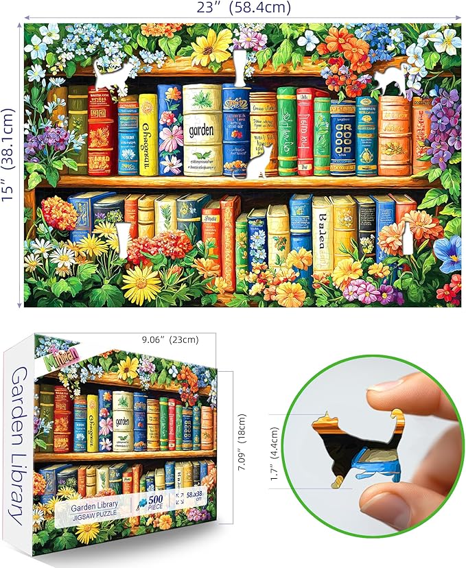 MINIWAN 500 Piece Puzzles for Adults - Floral Bookshelf Jigsaw Puzzle, 23x15 Inches with Unique Irregular Shaped Pieces for Relaxation & Home Wall Decor
