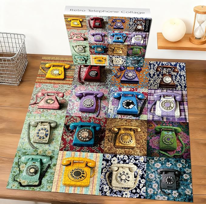 PICKFORU Retro Telephone Collage Jigsaw Puzzles 1000 Pieces, Colorful Wired Telephones Puzzles for Adults, Vintage Art Collection Jigsaw Puzzle