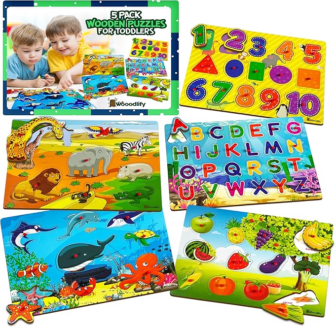 5 Pack Wooden Puzzles for Toddlers 1-3 - Colorful Chunky Wooden Peg Puzzles - Educational Learning Montessori Toys - Toddler Puzzles for Kids Ages 2-4 - Alphabet ABC Number Animal Fruit Shape