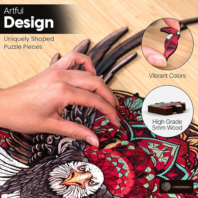 ESTROSO Wooden Puzzles for Adults - Bald Eagle Mandala 500 Piece Wooden Jigsaw Puzzle - 20.9x16.4 Inches - Giftable Wooden Box and Carrying Bag - Challenging Wooden Jigsaw Puzzles