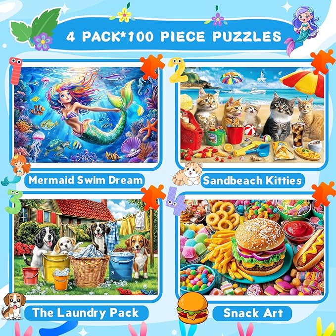 4 Packs 100 Piece Puzzles for Kids Ages 4-6 6-8 8-10, Mermaid Dogs Cats Hamburger Educational Jigsaw Puzzles, Birthday Kids Gifts for Boys Girls Teens Adults Kids Puzzles 4-6 5-8