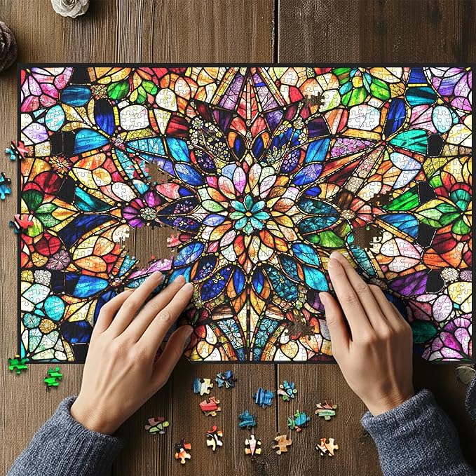 Impossible Jigsaw Puzzles for Adults 1000 Pieces-Stained Glass Puzzles Floral Hard Challenging Puzzles with Letter on Back, Difficult Jigsaw Puzzle 1000 Pieces Puzzle for Adults with 1:1 Poster
