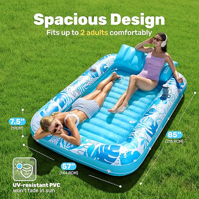 SLOOSH Inflatable Tanning Pool Lounger Float, 85" x 57" Extra Large Pool Floats Adult with Pillow, 4 in 1 Suntan Tub Raft Floatie,Sunbathing Bed Lounge for Water Blow Up Ball Pit Party Gifts, XL-Blue