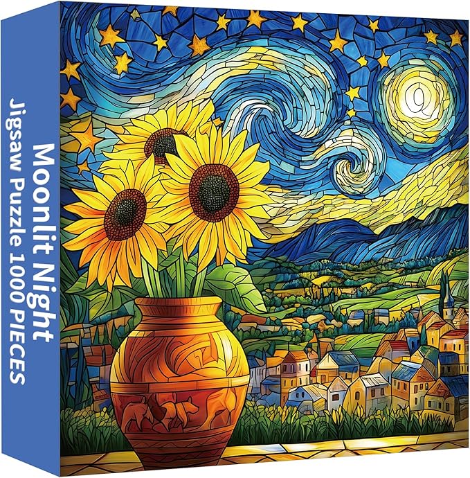 Starry Night Puzzle 1000 Pieces-Moonlit Night, Sunflower Puzzles for Adults 1000 Pieces, Jigsaw Puzzle Stained Glass, Difficult Jigsaw Puzzles for Family, Finished Size 23.98 * 23.98"