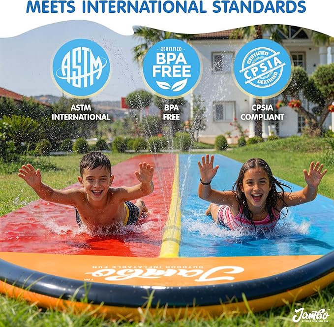 JAMBO Premium 18Ft Budget Slip Splash and Slide, Heavy Duty Water Slide with Advanced Sprinkler System, Backyard Waterslide, Splash Mat, Outdoor Water Toys n Slides for Kids