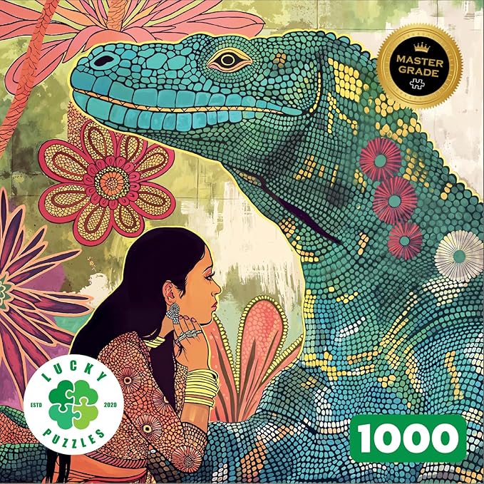Komodo's Silent Blessing - 1000 Piece Jigsaw Puzzle for Adults | Spiritual Puzzle of Woman and Komodo Dragon | Nature & Animal Lovers