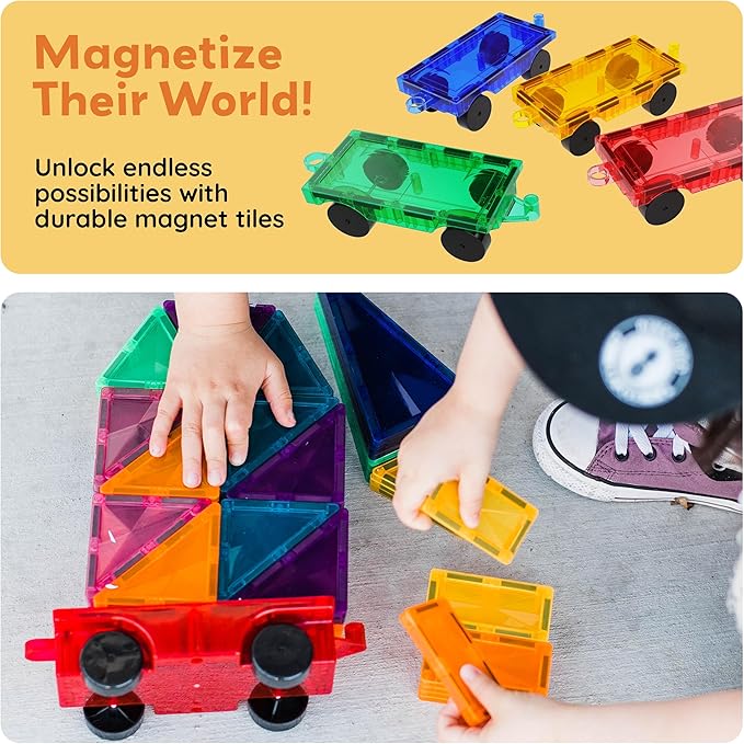 PicassoTiles 4PC Magnetic Tiles Car Truck Base Construction Building Accessory Toy Yellow, Red, Green & Blue Compatible with Magnet Tile Sets Educational STEM Learning Build Kits Boys & Girls PT201