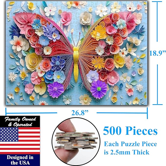Think2Master Colorful Vibrant Flower Butterfly 500 Pieces Large Format Jigsaw Puzzle: 13+, Teens, Adults & Families. Paper Art High Resolution. Great Gift. Size: 26.8” X 18.9”