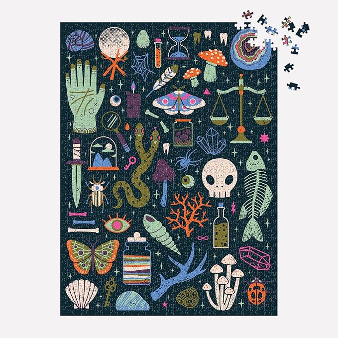 Galison Occult and Curious – 1000 Piece Glow in The Dark Jigsaw Puzzle Featuring an Eerie Collection of Creepy and Spooky Objects
