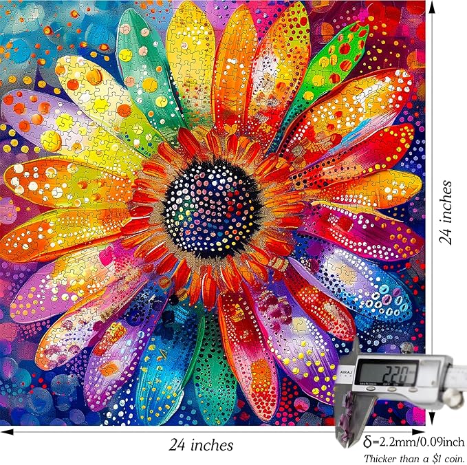 Bgraamiens Puzzle-Colorful Rainbow Pointillisme Gerbera Flower Jigsaw Puzzle 1000 Pieces Puzzles for Adults,Flower Artwork for Adults,Color Challenging Puzzle