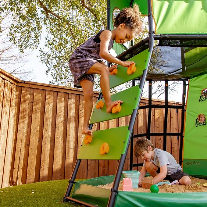 gobaplay SummitPro Climbing Tower with Slide, 600 lb Capacity, Green - Outdoor Backyard Playset with Climbing Walls and Sandbox for Kids 6+