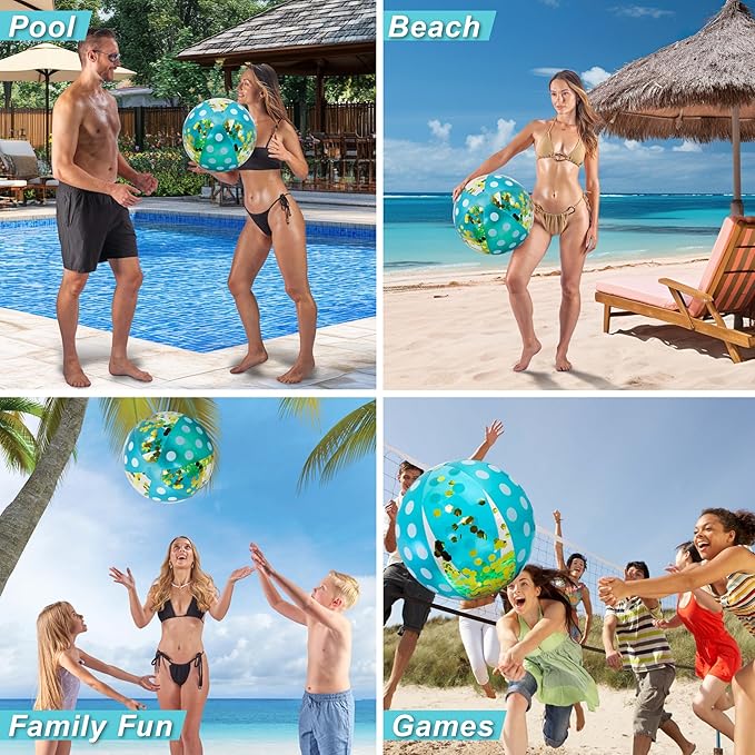 POZA Inflatable Beach Balls - Elegant Glitter Confetti Premium Floaters, Heavy Duty Vinyl Floatation Pool Toys for Pool Beach Party, UV Resistant Pool Décor