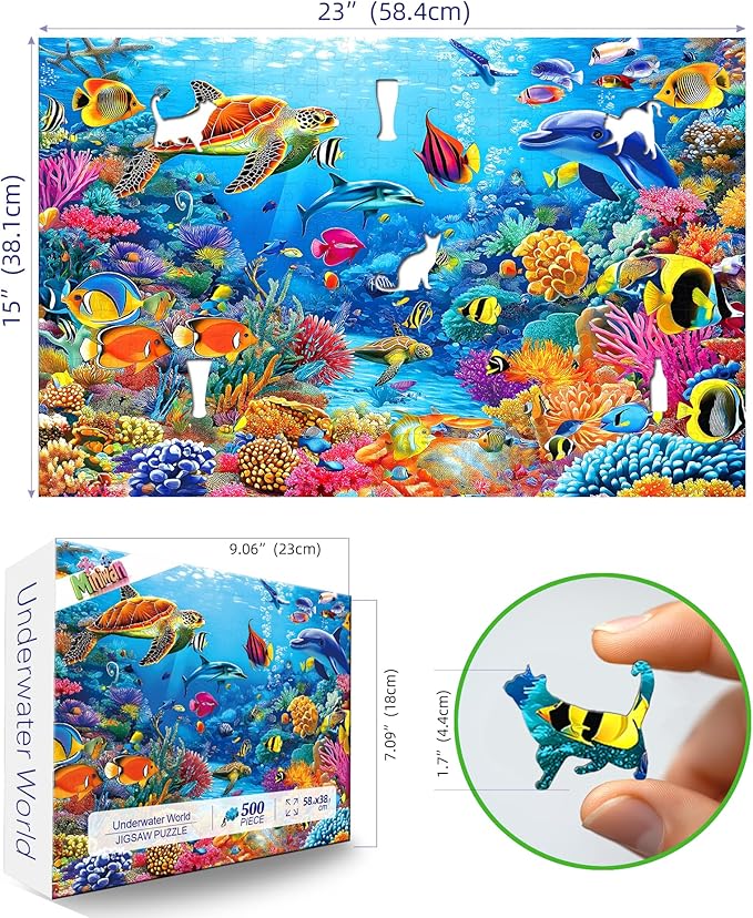 MINIWAN 500 Piece Puzzles for Adults - Vibrant Underwater Coral Reef Sea Turtle Dolphin Jigsaw Puzzle, 23x15 Inches with Unique Irregular Shaped Pieces for Relaxation & Home Wall Decor