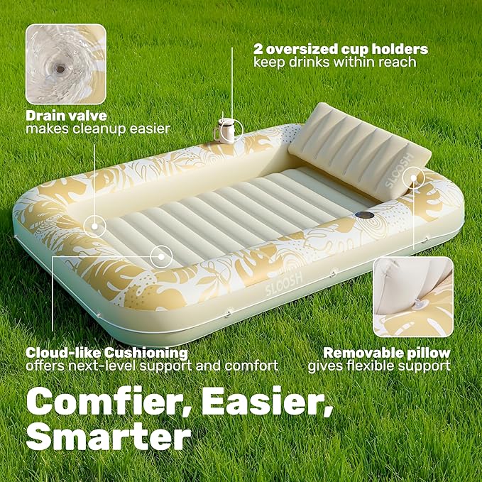 SLOOSH Inflatable Tanning Pool Lounger Float, 70" x 46" Pool Floats Adult with Pillow, 4 in 1 Suntan Tub Raft Floatie,Sunbathing Bed Lounge for Water Blow Up Kids Ball Pit Party Gifts, L-Golden White
