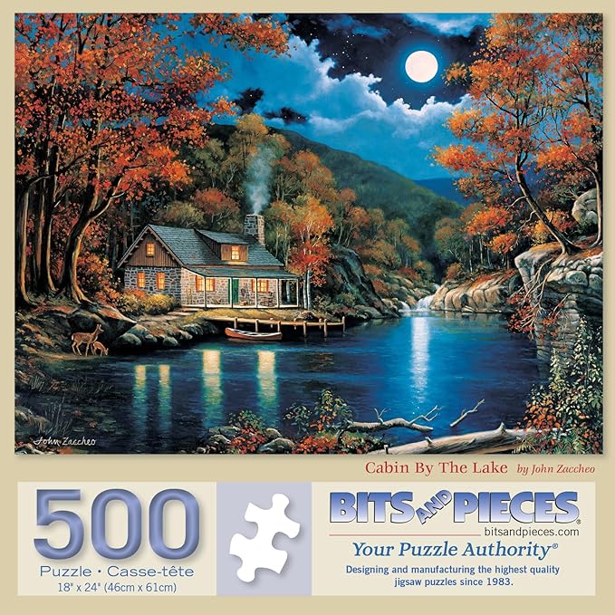 Bits and Pieces “Cabin by The Lake” Jigsaw Puzzle by John Zaccheo — 300 & 500 pc Variants — 18" x 24" — Autumn Night Cabin Scene, Recycled Chipboard, Random Die-Cut (500 Piece Puzzle)
