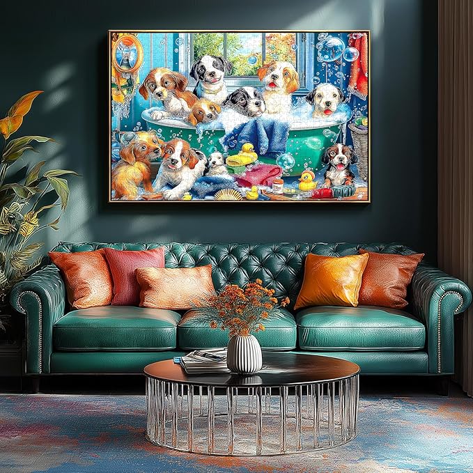 MINIWAN 500 Piece Puzzles for Adults - Playful Bath Time Puppies Jigsaw Puzzle, 23x15 Inches with Unique Irregular Shaped Pieces for Relaxation & Home Wall Decor