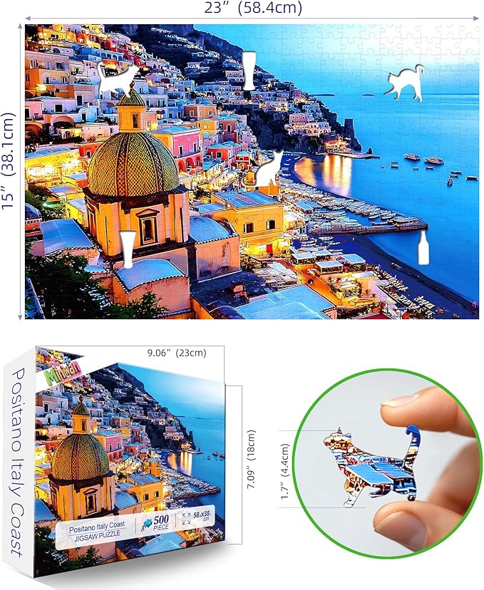 MINIWAN 500 Piece Puzzles for Adults - Positano Coastal Town Night View Jigsaw Puzzle, 23x15 Inches with Unique Irregular Shaped Pieces for Relaxation & Home Wall Decor