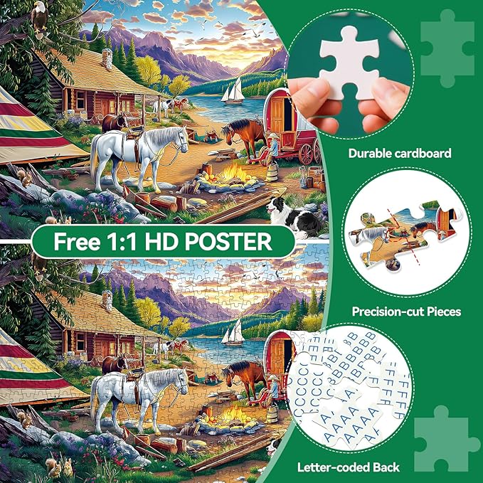 Jigsaw Puzzle, 500 Piece Jigsaw Puzzle for Adults Kids, Lakeside Camping Horse Dog Puzzle 500 Pieces, Birthday for Family Game Nights, Finished Size 20.5 x 15 in