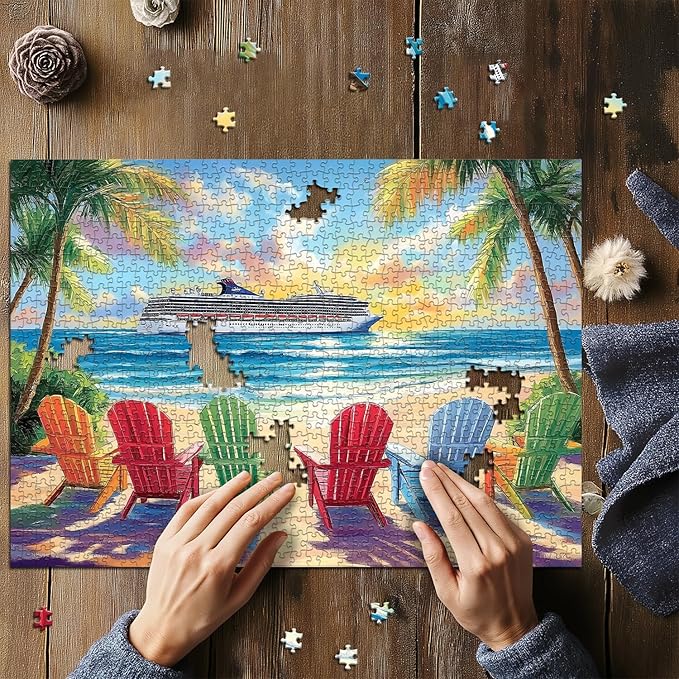 PICKFORU Beach Puzzles for Adults 1000 Piece, Rainbow Beach Lounge Chair Summer Puzzle, Colorful Ocean Jigsaw Puzzle Scenery as Coastal Wall Art