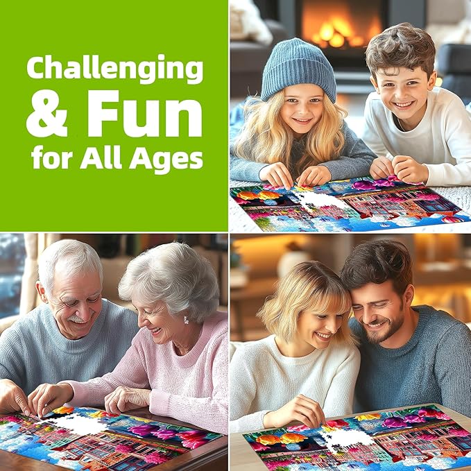 Puzzles for Adults 1000 Pieces, Amsterdam Canals-Tulip Flower, City Buildings Challenging Jigsaw Puzzles for Adults for Family Fun Challenging, Party Game Gifts Decoration, 27.5 x 19.7 inch