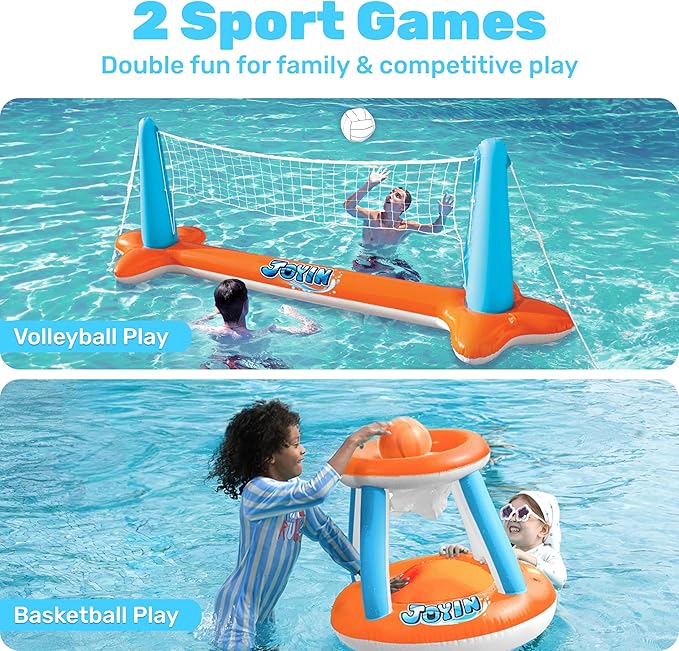 JOYIN Inflatable Pool Float Set Volleyball Net & Basketball Hoops, Floating Swimming Game Toy for Kids and Adults, Summer Floaties, Volleyball Court (105”x28”x38”)|Basketball (27.6”x23”),L-Orange