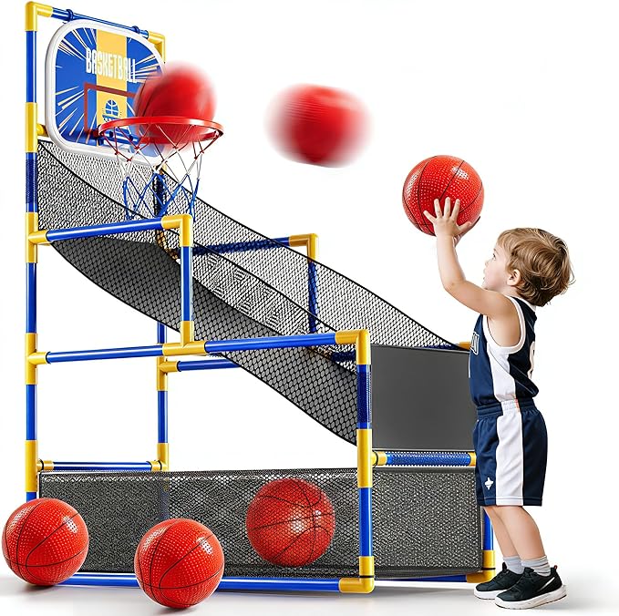 Arcade Basketball Game Indoor, Kids Ajustable Basketball Hoop, Outdoor Carnival Sports Play Toy with 4 Balls and Air Pump, Educational Birthday Gift for Boys Girls 3 4 5 6 7 8 Year Old (Blue)