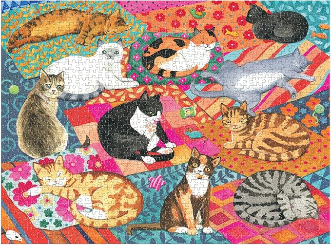 Galison Lounging Cats – 1000 Piece Jigsaw Puzzle Featuring Beautiful Artwork of A Variety of Feline Friends Lounging On Colorful Quilts