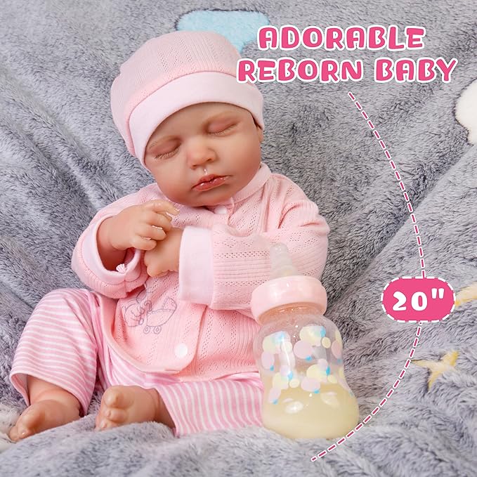 Milidool Lifelike Reborn Baby Dolls Girl-20-Inch Soft Body Realistic Silicone Baby Doll Newborn Baby Dolls American Sleeping Girl Real Life Dolls with Clothes and Toy Accessories Gift for Kids Age 3+