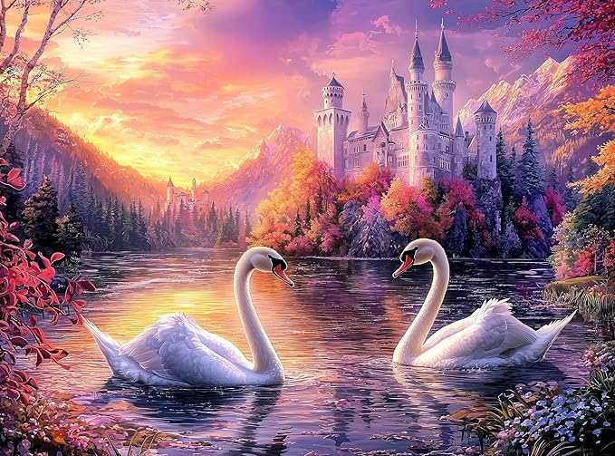 1000 Piece Jigsaw Puzzle for Adults - Swans Swimming on a Castle Lake - Challenging Puzzle - Magic Sunset on a Swan Lake - Adult 1000 Piece Puzzle. 20x27 inches