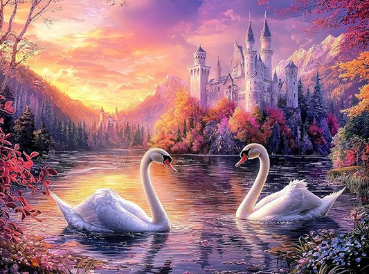 1000 Piece Jigsaw Puzzle for Adults - Swans Swimming on a Castle Lake - Challenging Puzzle - Magic Sunset on a Swan Lake - Adult 1000 Piece Puzzle. 20x27 inches