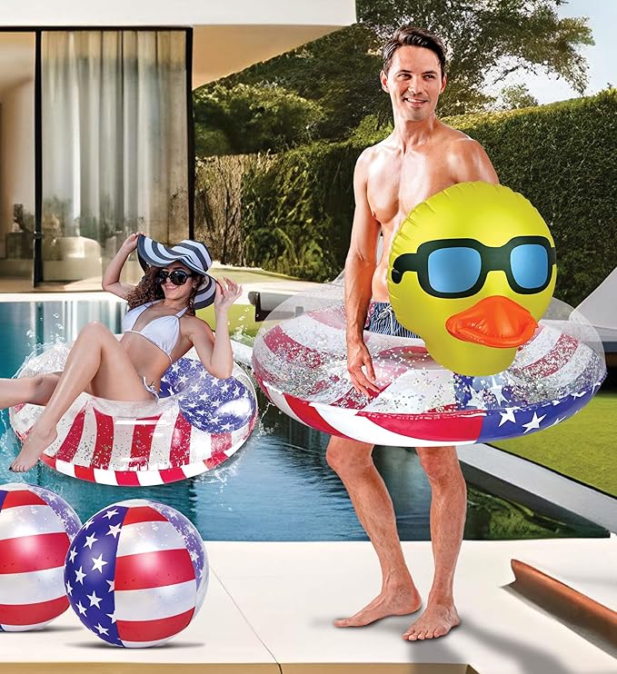 POZA Inflatable USA Pool Float - Luxurious Fun Lounger Filled with Sparkle Silver Stars Confetti, Cool USA Flag Design Water Swimming Pool Floaties for Beach, Lake & Pool