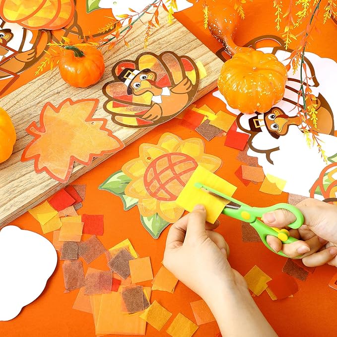 Feifeiya 24 Sets Thanksgiving Crafts Kit DIY Fall Paper Crafts with Colored Tissue Paper Sticker Tool Turkey Pumpkin Leaf Acorn Suncatcher Hanging Ornaments for Classroom Activity Harvest Party Window