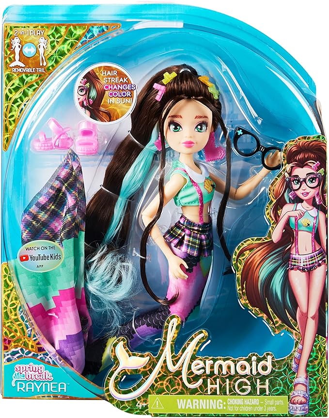 MERMAID HIGH, Spring Break Raynea Mermaid Doll & Accessories with Removable Tail and Color Change Hair Streak, Kids Toys for Girls Ages 4 and up