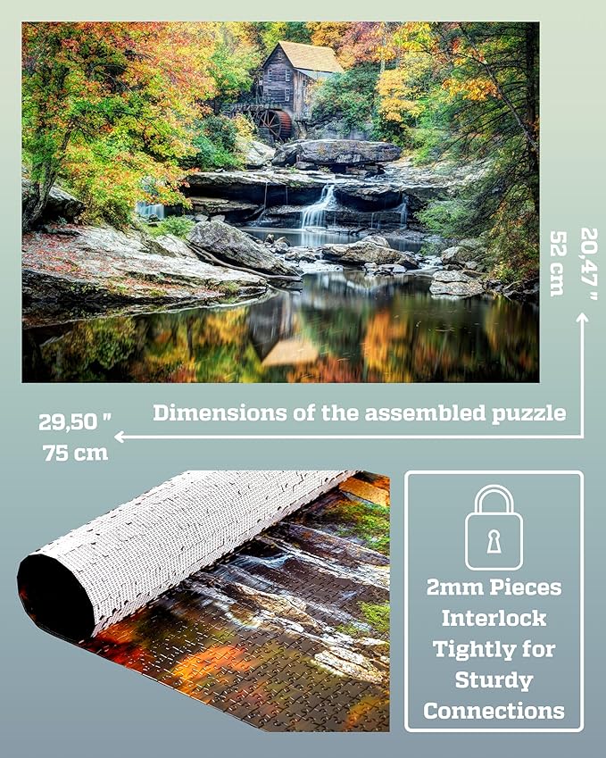 1000 Piece Puzzle for Adults - Scenic Autumn Grist Mill with Waterfalls, Gift-Ready Box, Letters on Back, 8 Jigsaw Puzzle, Saver Sheets & Full-Size Poster by GERJATO - Ideal Gift for Loved Ones