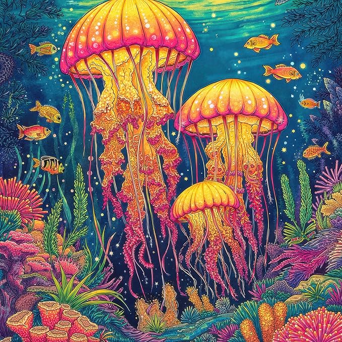 Glowing Neon Jellyfish 1000 Piece Jigsaw Puzzle for Adults - Underwater Coral Reef Scene with Tropical Fish, Poster & Lettered Back, 22.8" Square HD Quality, Unique Gift for Ocean & Art Lovers