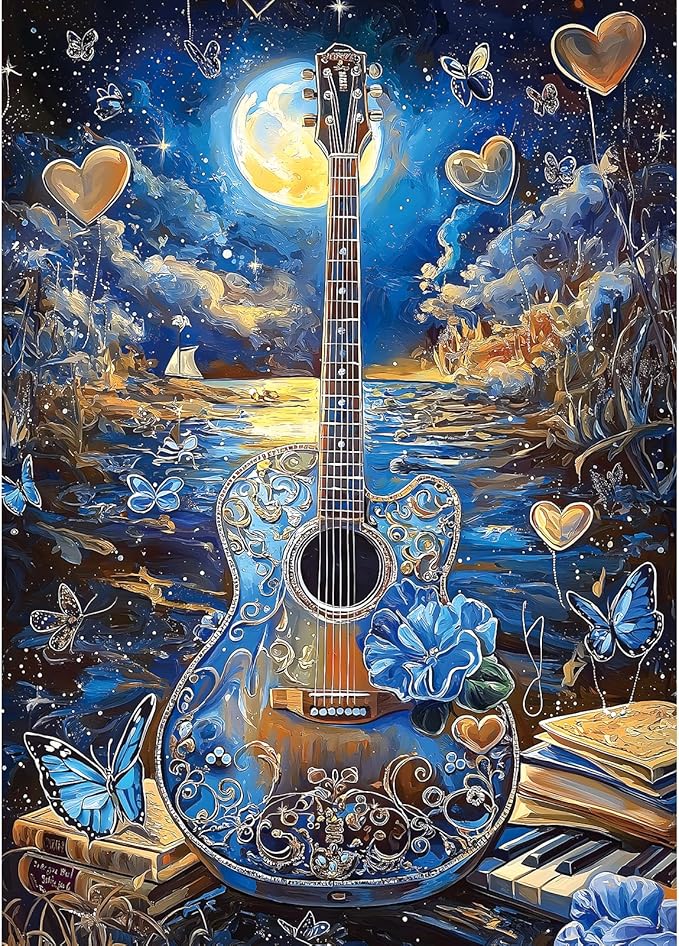 MINIWAN 1000 Piece Jigsaw Puzzles for Adults- Fantasy Guitar Moonlight Puzzle - Blue Night Sky with Butterflies Challenging Puzzles for Gifts Party Games Family Fun, Puzzle Size 27.55 * 19.68 in