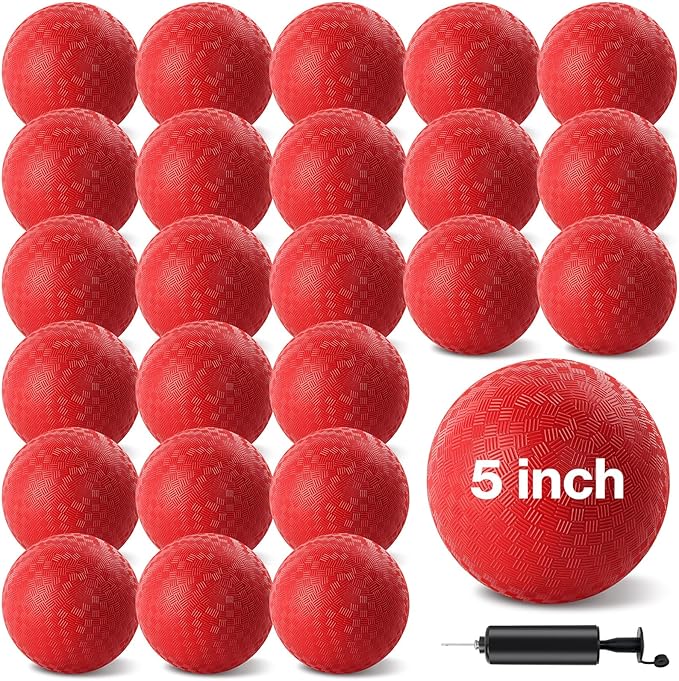 24 Pcs Dodgeballs 5 Inch Playground Ball Red Kickball Inflatable Rubber Handball Bouncy Dodge Ball with 1 Hand Pump for Outdoors Ball Games Gym Camps Picnic (Red)